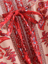 Boho Maxi Dress – “Desert Mosaic” Long Sleeve Printed Gown in Red & Dusty