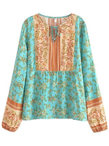 Boho Top for Women – Bohemian Blouse - “Terracotta Folk” Vintage Floral Printed Shirt in Green & Pink