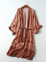 Boho Kimono Robe – “Sahara Dream” Tribal Print Long Cover-Up in Coral & Teal