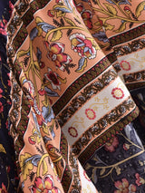 Boho High-Low Skirt – Indira Smocked Waist Floral Maxi Skirt in Navy and Green