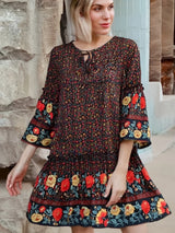 Boho Mini Dress – “Crimson Meadow” Red Floral Tunic Dres in Red & Black