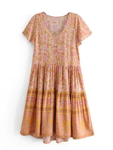 Boho Mini Dress – “Orchid Mosaic” Floral V-Neck Short Sleeve Mini Dress