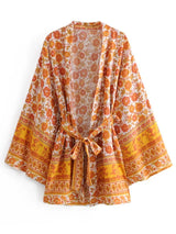 Boho Kimono Robe – “Saffron Sun” Yellow Floral Short Cover-Up for Beach & Lounge