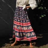 Boho Maxi Skirt – “Midnight Peony” Floral Print Skirt in Navy & Rose Stripe