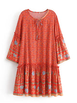 Boho Mini Dress – “Crimson Meadow” Red Floral Tunic Dres in Red & Black
