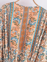 Boho Maxi Dress – “Desert Mosaic” Long Sleeve Printed Gown in Red & Dusty