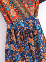 Boho Mini Dress – “Golden Folk” Vintage Floral Wrap Dress Sundress in Pink & Black