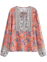Boho Top for Women – Bohemian Blouse - “Terracotta Folk” Vintage Floral Printed Shirt in Green & Pink