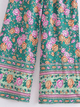 Boho Wide Leg Pants – Meadow Green Floral Print Lounge Pants for Women