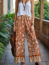 Boho Wide Leg Pants – “Saffron Meadow” Rust Floral Drawstring Palazzo Pants