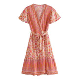 Boho Mini Dress – Summer Dress – “Sunset Garden” Short Sleeve V-Neck Floral Wrap Sundress in Black, Blue & Pink