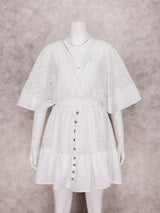 Boho Mini Dress – Boho White Dres –“Whisper Light” Batwing Sleeve Mini Sundress with Buttons
