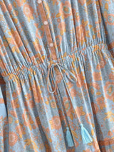 Boho Mini Dress – “Apricot Sky” Light Blue Floral Long Sleeve Tie-Neck Dress