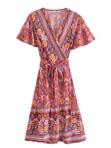 Boho Mini Dress – “Golden Folk” Vintage Floral Wrap Dress Sundress in Pink & Black