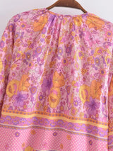 Boho Top for Women – Bohemian Blouse - Freya Pink & Blue Floral Long Sleeve Top
