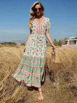 Bohemian Maxi Dress – “Meadow Breeze” Flowy Summer Sundress in Mint & Pink Floral