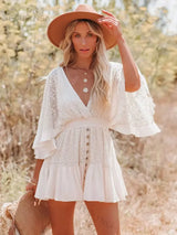 Boho Mini Dress – Boho White Dres –“Whisper Light” Batwing Sleeve Mini Sundress with Buttons