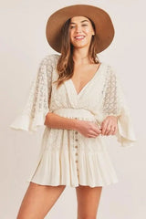 Boho Mini Dress – Boho White Dres –“Whisper Light” Batwing Sleeve Mini Sundress with Buttons