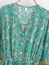 Boho Mini Dress – Green Floral Button-Down Sundress Maeve