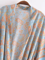 Boho Kimono Robe – “Blue Mirage” Lightweight Robe in Sky Blue & Gold for Lounge or Beach