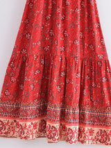 Bohemian Mini Dress – “Rosy Caravan” Flowy Red Floral Dress Summer Sundress in Red & Sand
