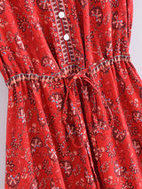 Bohemian Mini Dress – “Rosy Caravan” Flowy Red Floral Dress Summer Sundress in Red & Sand
