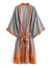 Boho Kimono Robe – “Sahara Dream” Tribal Print Long Cover-Up in Coral & Teal
