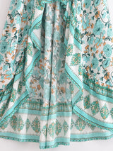 Boho High-Low Skirt – Indira Smocked Waist Floral Maxi Skirt in Green and Navy