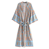 Boho Kimono Robe – “Blue Mirage” Lightweight Robe in Sky Blue & Gold for Lounge or Beach