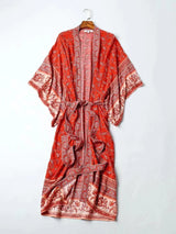 Boho Kimono Robe – “Desert Rosewood” Printed Lounge Cover-Up in Rust Red & Desert Rosewood