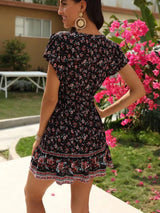 Boho Mini Dress – “Midnight Bloom” Button Front Floral Dress in Black & Pink