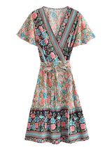 Boho Mini Dress – “Golden Folk” Vintage Floral Wrap Dress Sundress in Pink & Black
