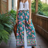Boho Wide Leg Pants – Meadow Green Floral Print Lounge Pants for Women