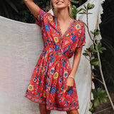 Boho Summer Dress – Soleil Short Sleeve Mini Dress with Bird and Floral Print (Red & Purple)
