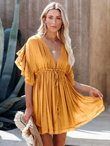 Boho Mini Dress – Boho White Dres – “Bare Grace” Deep V Ruffle Sleeve Mini Sundress