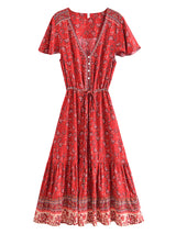 Bohemian Mini Dress – “Rosy Caravan” Flowy Red Floral Dress Summer Sundress in Red & Sand