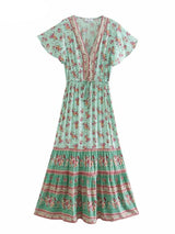 Bohemian Maxi Dress – “Meadow Breeze” Flowy Summer Sundress in Mint & Pink Floral