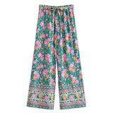 Boho Wide Leg Pants – Meadow Green Floral Print Lounge Pants for Women