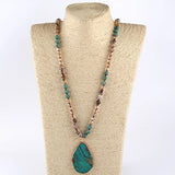 Boho Necklace - RH Precious Green Lava Blue Oval Stones