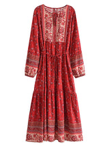 Boho Maxi Dress – “Desert Mosaic” Long Sleeve Printed Gown in Dusty & Red