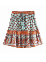 Boho Mini Skirt – “Tangerine Coast” Floral Print Beach Skirt in Teal & Rust Orange