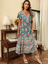 Boho Summer Dress – “Rosevine Dream” Button Front Maxi Sundress in Green & Pink