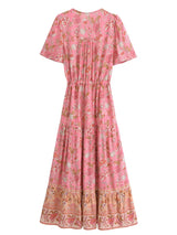 Bohemian Maxi Dress – “Rosewater Bloom” Pink Floral Tie-Neck Pleated Maxi Dress