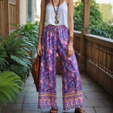 Boho Wide Leg Pants – Meadow Purple Floral Print Lounge Pants for Women
