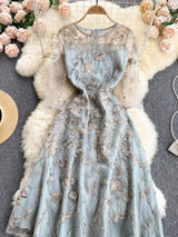 Vintage Boho Midi Dress - Blue Amelia | Embroidered Lace Bohemian Style Dress