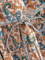 Boho Maxi Dress – “Desert Mosaic” Long Sleeve Printed Gown in Red & Dusty