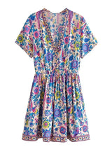 Boho Mini Dress – “Fiesta Bloom” Red Folk Print Sundress for Women