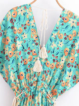 Bohemian Maxi Dress – “Jade Garden” Green Floral Batwing Tie-Waist Maxi Dress