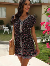 Boho Mini Dress – “Midnight Bloom” Button Front Floral Dress in Black & Pink