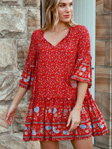 Boho Mini Dress – “Crimson Meadow” Red Floral Tunic Dres in Red & Black
